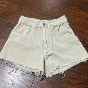 Princess Polly Cream Jean Shorts Frayed Hem Relaxed Fit